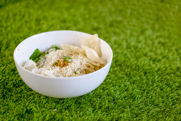 A Bowl of Stir Fried Noodles on Grass