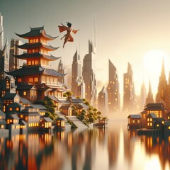Fantasy Fusion: Majestic Dragon Soars Over Serene Cityscape Blending Traditional and Modern Architecture at Sunset