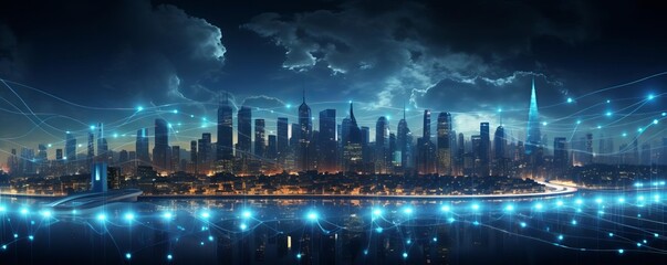 A city skyline is lit up with blue lights, creating a futuristic and technological atmosphere. The city is surrounded by a river, and the lights reflect off the water