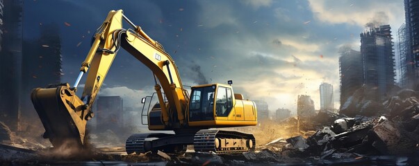 A yellow excavator is digging into the ground in front of a city. The scene is dark and gloomy, with smoke and debris in the air. Scene is one of destruction and chaos