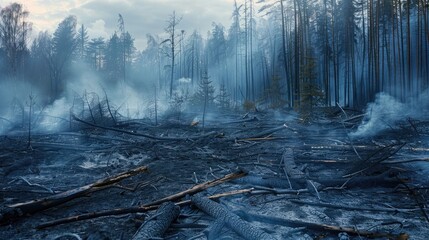 Charred forest landscape with smoldering remains after a fire