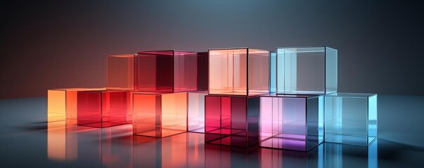 Obraz premium A row of colorful cubes are arranged in a pattern. The cubes are made of clear glass and are of various sizes. The image has a vibrant and playful mood