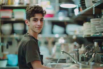 Teenage Boy With Part Time Job Washing Up In Coffee Shop