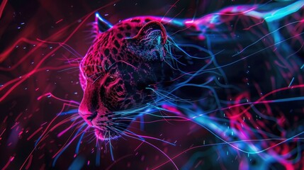 Black Panther Animal Plexus Neon Black Background Digital Desktop Wallpaper HD 4k Network Light Glowing Laser Motion Bright Abstract