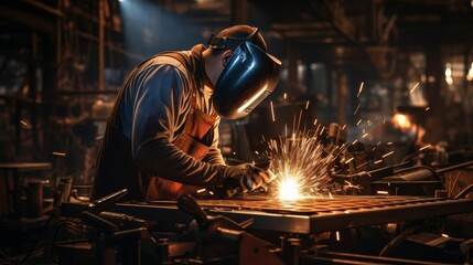A man in a protective suit is working on a metal piece. Concept of danger and risk, as the man is surrounded by sparks and molten metal