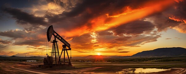 A sunset over a field with a large oil pump. The sky is orange and the sun is setting
