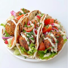 A white plate showcases a delicious assortment of tacos and meatballs