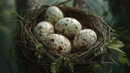 Obraz premium Close-up of a bird's nest adorned with delicate eggs waiting to hatch