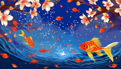 幻想的な背景、清涼感、くっきり、青空、舞う花びら、金魚、美しい夜桜を描くイラスト generated by AI