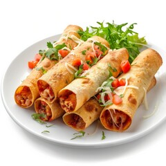 A white plate holds three savory burritos, each stuffed with flavorful fillings, accompanied by a side of fresh salad