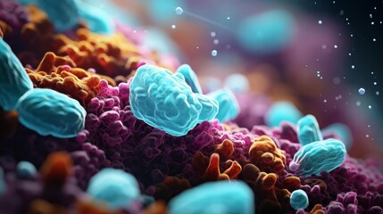 A close up of a colorful, fuzzy mass of bacteria. The bacteria are of various sizes and colors, with some being blue and others being pink and orange. Concept of chaos and disorder