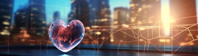 Obraz premium A heart made of glass is floating in the air above a city skyline. The heart is surrounded by a web of lines and dots, giving the impression of a futuristic, technological world