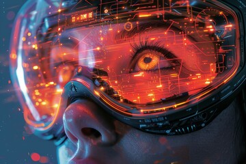 A highly detailed image of a person wearing a virtual reality headset with vibrant graphics overlay