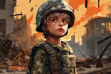 Obraz premium Brave Soldier kid in ruined city building. Destroyed town and damaged city infrastructure. Generate ai