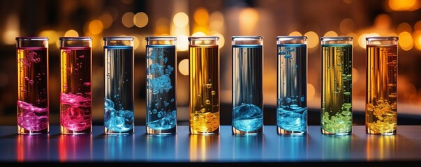 A row of colorful glasses filled with different colored liquids. The glasses are arranged in a line, with the first glass on the left and the last glass on the right. The colors of the liquids vary - obrazy, fototapety, plakaty