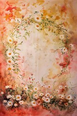 A delicate watercolor painting featuring a wreath of daisies and wildflowers on a textured, abstract background. Soft pastel colors and flowing lines create a romantic and whimsical atmosphere.