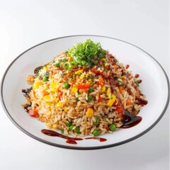 A white plate filled with a colorful assortment of rice and vegetables