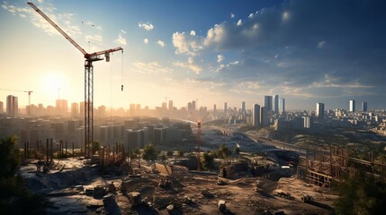 A city skyline with a crane in the foreground. The sky is cloudy and the sun is setting