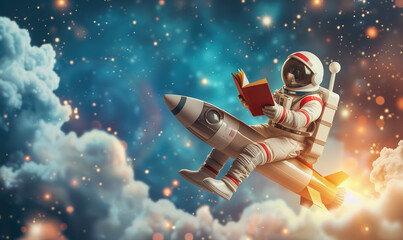 Naklejka premium Learning Beyond the Stars: Astronaut Reading a Book While Soaring on a Rocket Through Space