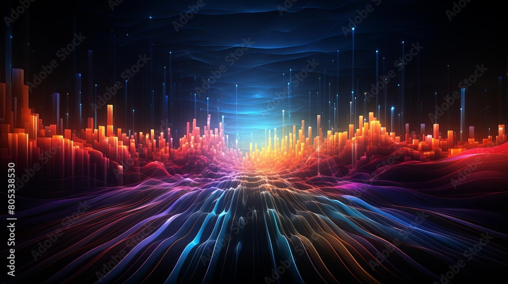 Wall mural A colorful, abstract cityscape with buildings of different heights and colors. The sky is blue and the ground is dotted with colorful lines. Concept of movement and energy