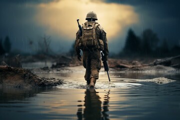 Naklejka premium Tranquil Soldier water river. Force tactical. Generate Ai