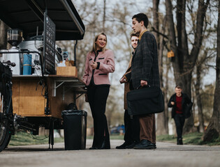 A group of young professionals engaged in a discussion about marketing strategies by a coffee stand...