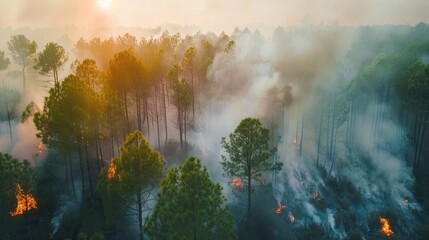 Dense smoke rising from burning trees during a forest fire