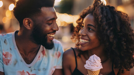 Man sharing ice cream with woman at festive gathering. Digital painting of couple eating dessert. Romantic date and enjoyment concept. Design for poster, greeting card
