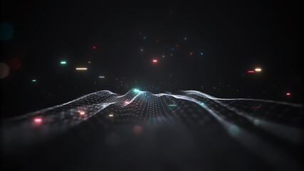 Digital technology concept data wave flow polygons connecting dots lines on a dark black background. Internet of things