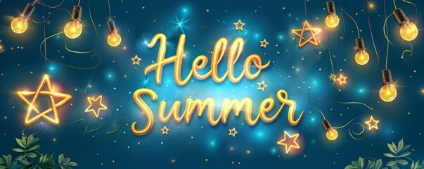 Abstract background with glowing lights in night. Hello Summer -  modern calligraphy lettering. Summer concept background.
