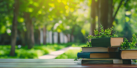 Pile of books on the green yard background. University and education creative background perfect for school website.