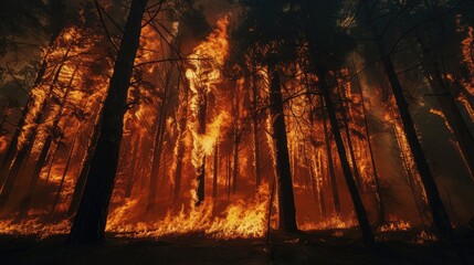 Flames engulfing trees as a forest fire rages out of control