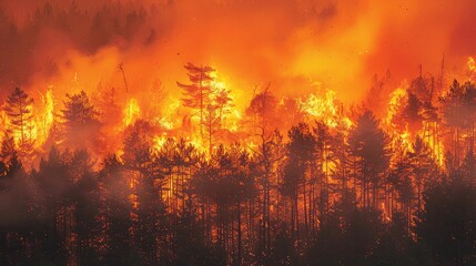 Flames engulfing trees as a forest fire rages out of control