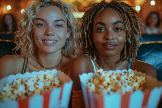 Close-up of two female friends with bright smiles and popcorn at a movie, sharing a moment of joy - Powered by Adobe