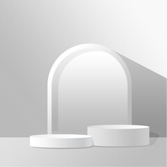 Abstract minimal scene on a calm white background with a cylindrical podium. Stage mockup showcase for products, banners, sales, presentations, cosmetics, discounts and etc. Vector eps 10.