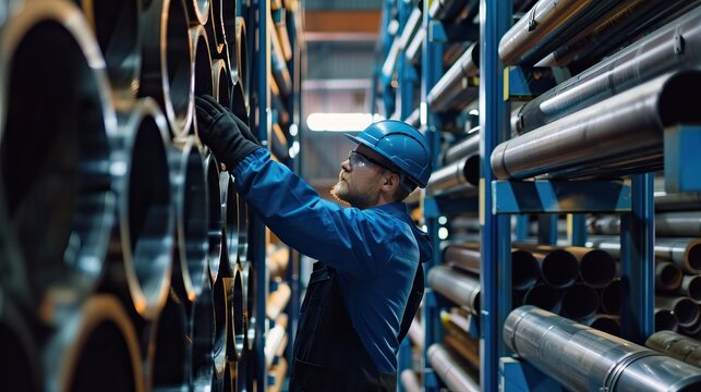Oil and gas worker checking the quality of pipes in the warehouse
