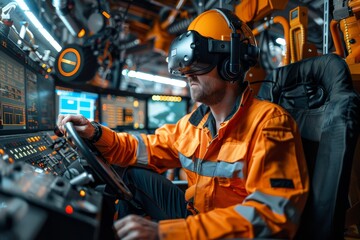 Fototapeta premium An experienced pilot wearing safety gear carefully operates the heavy machinery's sophisticated cockpit
