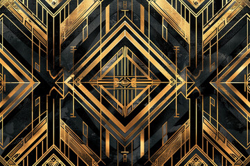 An art deco background with an intricate geometric pattern in black and gold, evoking the glamour of the 1920s.