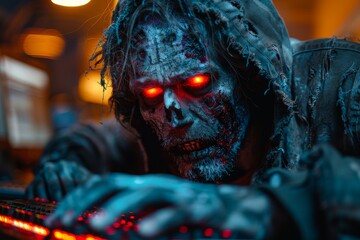 In a dark setting with a blue light glow, a cybersecurity expert types rapidly on a backlit keyboard preventing digital threats