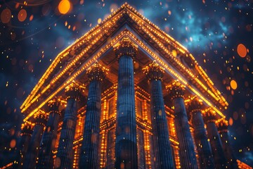 Fototapeta premium Decorative lights adorn a classical building, creating a festive and enchanting night-time scene