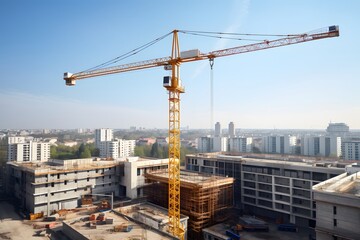 Construction site view with tower crane.