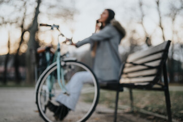 A business lady in professional attire enjoys a peaceful moment with her bicycle in a tranquil park...