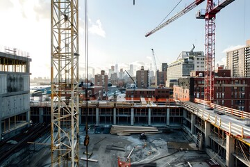 Construction site view with tower crane.