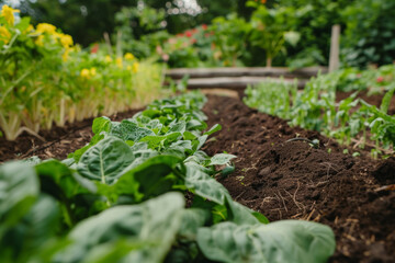 Low-angle view of vibrant vegetable garden rows with rich soil. Macro shot of fresh green vegetables in organic farm setting. Gardening and sustainable farming concept. Design for poster, banner