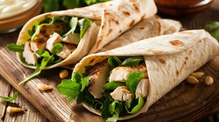 Freshly made wraps stuffed with chicken, greens, and hummus for athlete's lunch