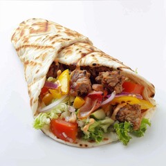 A colorful burrito bursting with meat and veggies on a fresh, white surface