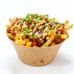 A close-up view of a bowl of food featuring an assortment of loaded fries with a side of delicious sauce