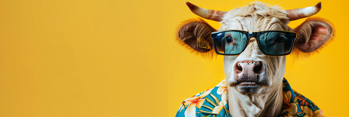 Cow wearing sunglasses and floral shirt on a bright yellow background. Ideal for summer-themed illustrations and quirky fashion statements