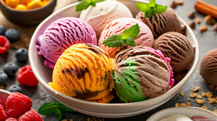 Assorted ice cream scoops in bowl with raspberries and mint leaves. Macro shot of gourmet dessert....