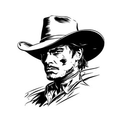 Stylized vector illustration of rugged cowboy with intense gaze.